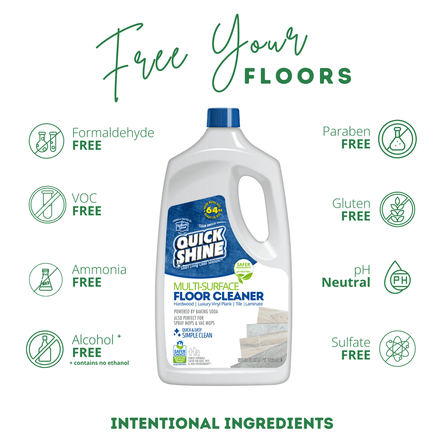 Quick Shine Multi Surface Floor Cleaner 128 oz (2- 64 oz Bottles), Use in Spray & Vac Mops, Ready-to-Use Streak Free No-Rinse Formula, Safer Choice Certified for Gentle & Effective Cleaning