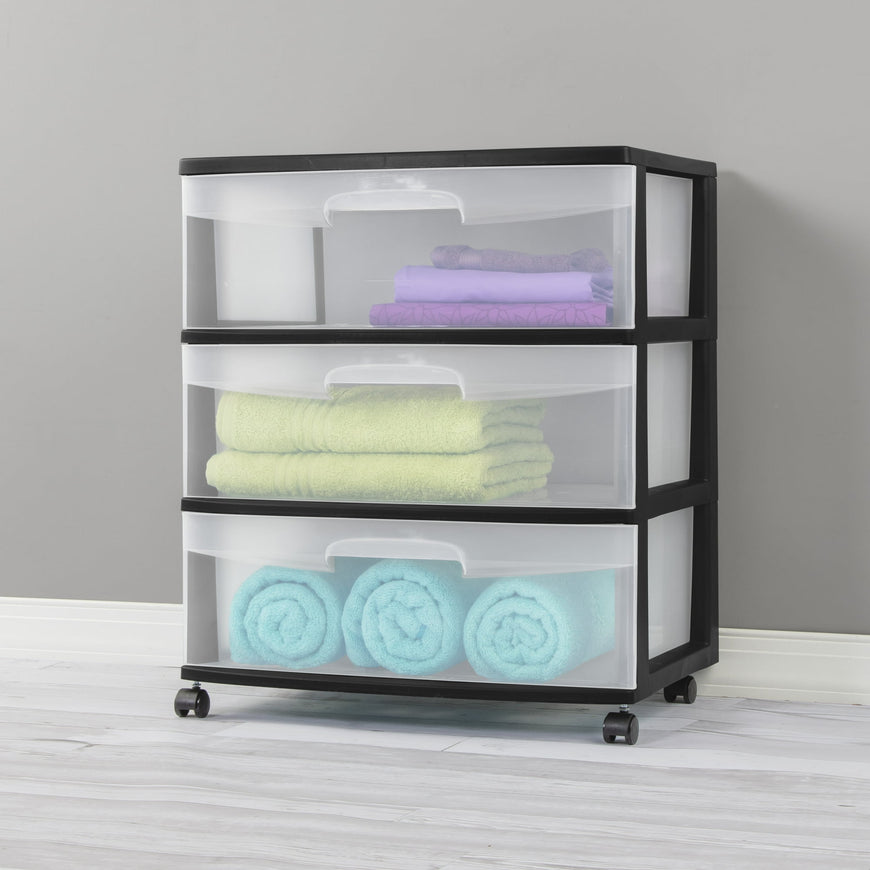 Sterilite Wide 3 Drawer Cart, Clear Plastic Storage Drawers, Wheels Included, Black