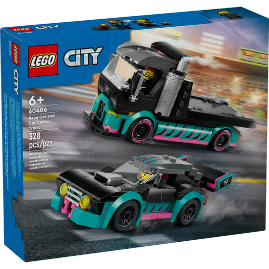 LEGO City Race Car and Car Carrier Truck Toy Playset, Vehicle Transporter with Adjustable Loading Ramp and Race Car Toy, Racer and Driver Minifigures, Fun Gift for Kids Ages 6 and Up, 60406