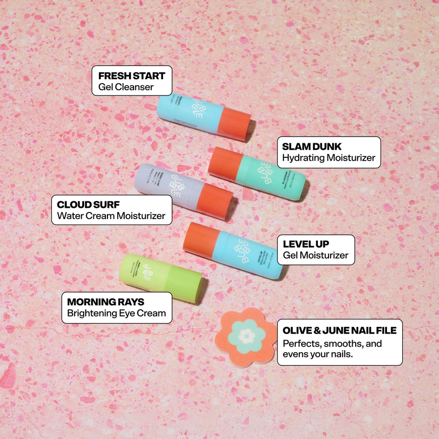 Bubble Skincare Group Chat Mini Routine 6-Piece Set, Includes Fresh Start 10ml, Morning Rays 3ml, Level Up 10ml, Cloud Surf 10ml, and Olive & June Flower Nail File