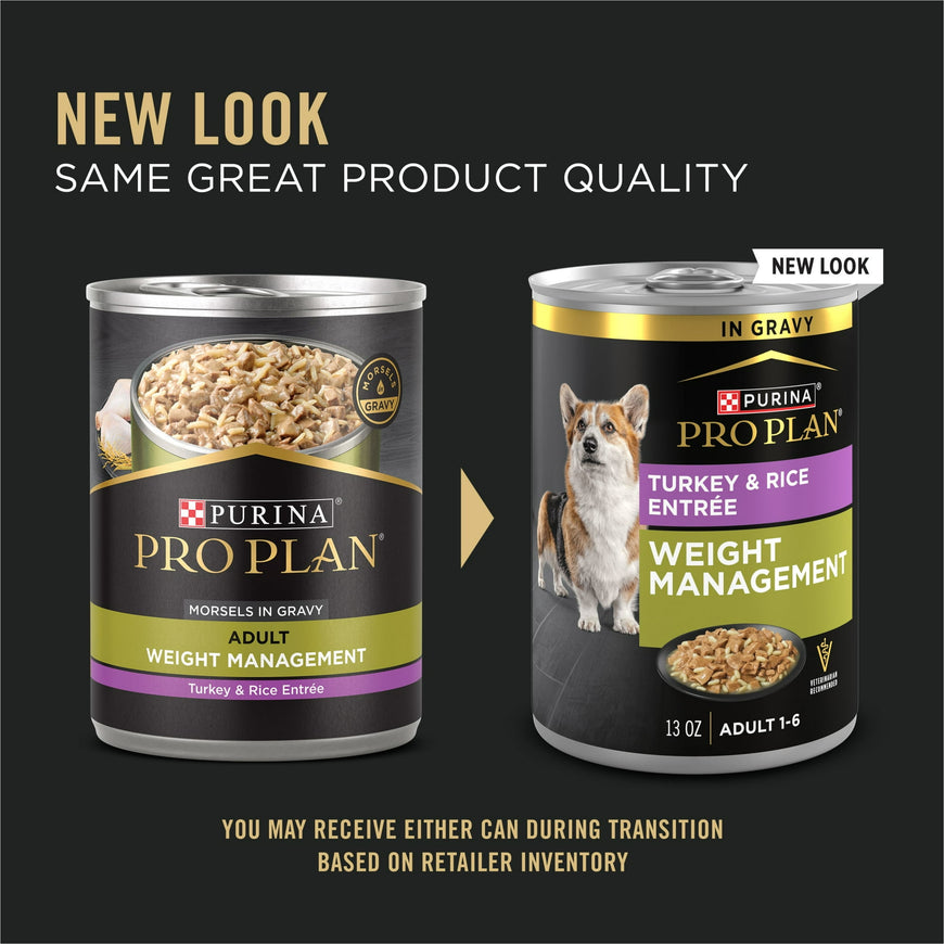 Purina Pro Plan Weight Management Wet Dog Food Turkey and Rice Entree in Gravy, 13 oz Cans (12 Pack)