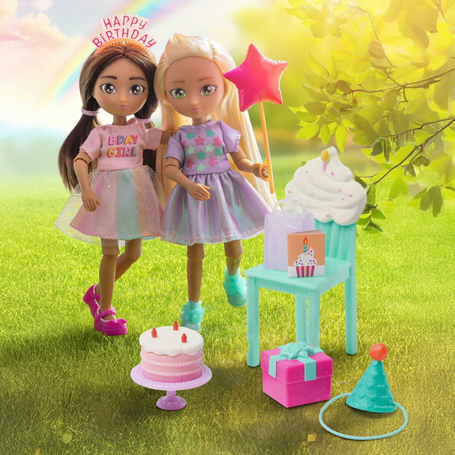 Hey Bestie Emma & Camila 19 Piece Set of 2 (5.5-inch) Small Birthday Dolls with Play Food, Kids Ages 3+
