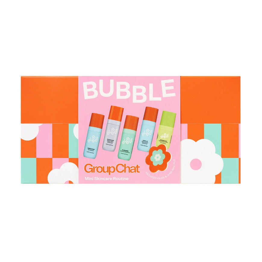 Bubble Skincare Group Chat Mini Routine 6-Piece Set, Includes Fresh Start 10ml, Morning Rays 3ml, Level Up 10ml, Cloud Surf 10ml, and Olive & June Flower Nail File