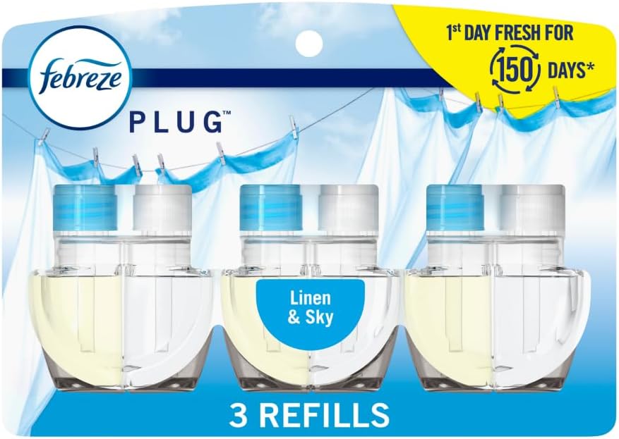 ebreze Odor-Fighting Fade Defy PLUG Air Freshener Refill, Linen & Sky, (3) .87 fl. oz. Oil Refills