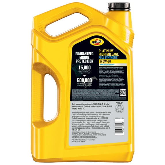 Pennzoil Platinum High Mileage Full Synthetic 5W-30 Motor Oil, 5 Quart