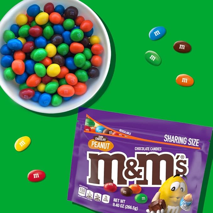 M&M'S Peanut Dark Chocolate Candy Bulk, 9.4 oz Resealable Bag (Pack of 8) ‰ÛÒ Dark Chocolate Candy Assortment for Parties, Movie Snacks, and Office Treats