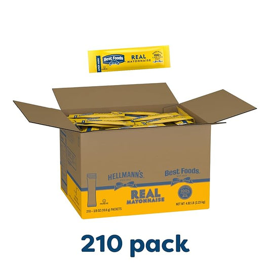 Best Foods Real Mayonnaise Stick Packets Easy Open, Condiment for Sandwiches, Salads, Mayo Made with 100% Cage Free Eggs, Gluten Free, 0.38 oz, Pack of 210