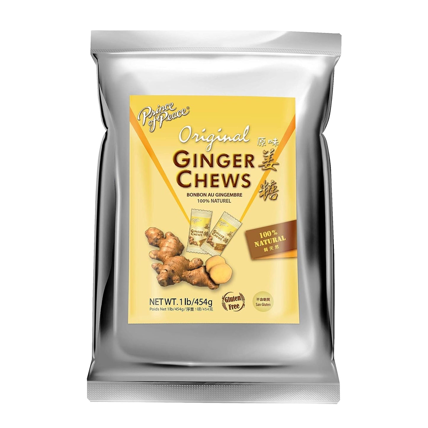 Prince of Peace Ginger Chews Original, 1 lb. Candied Ginger, Natural Ginger Chews Candy, Candy Pack,