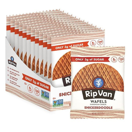 Rip Van Wafels Snickerdoodle Stroopwafels, Healthy Snacks, Non-GMO, Keto Friendly, Office Snacks, Low Sugar (3g), Low Calorie, 12 Pack