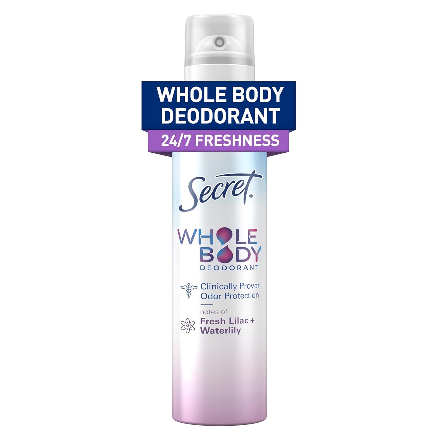 Secret Whole Body Deodorant for Women, Spray Lilac & Waterlily Scent, Aluminum Free Deodorant Spray, 72 HR Odor Protection, 3.5 oz