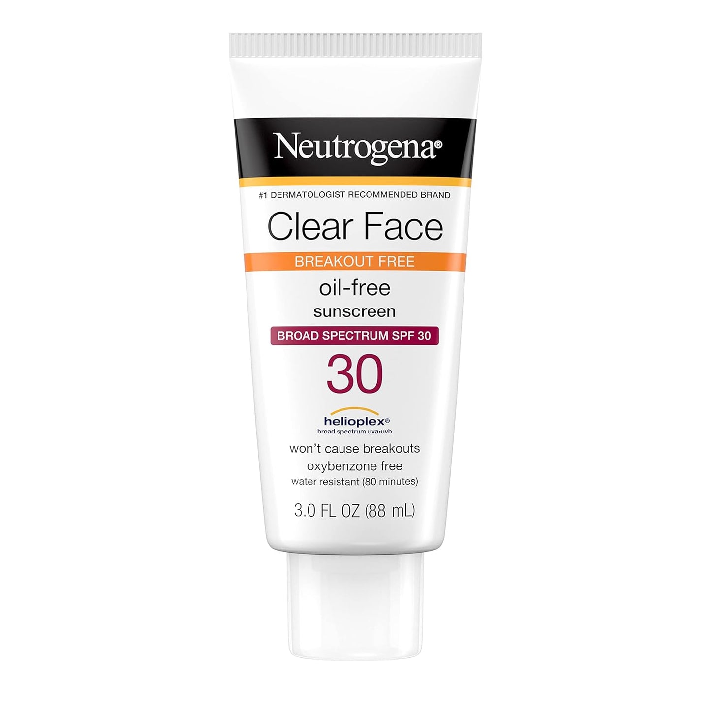 Neutrogena Clear Face Liquid Sunscreen for Acne-Prone Skin, Broad Spectrum SPF 30 Sunscreen Lotion with Helioplex, Oxybenzone-Free, Oil-Free, Fragrance-Free; Non-Comedogenic, 3 fl. oz
