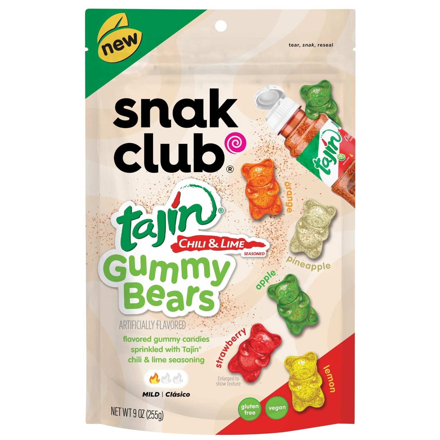Snak Club Tajin Gummy Bears, Assorted Fruit Candy Gummies with Chili and Lime Seasoning, Mild, Gluten-Free and Vegan Snacks, 9 oz Resealable Bag