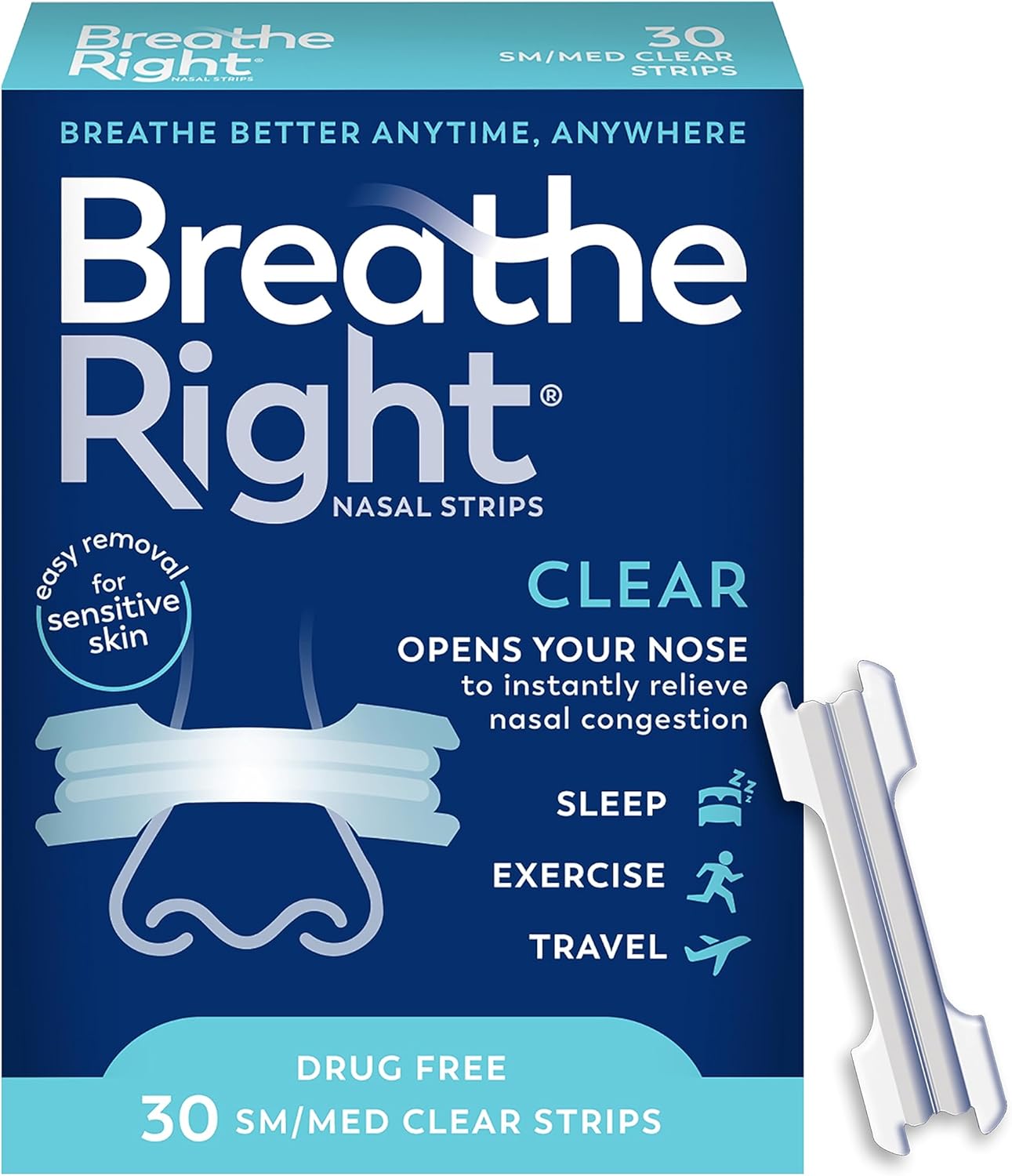 Breathe Right Original Nasal Strips | Clear | Sm/Med | For Sensitive Skin| Drug-Free Snoring Solution & Nasal Congestion Relief Caused by Colds &...