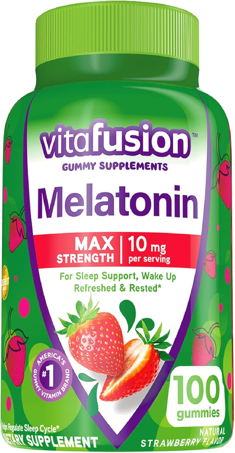 Vitafusion Max Strength Melatonin Gummy Supplements, Strawberry Flavored, 10 mg Melatonin Sleep Supplements, America’s Number 1 Gummy Vitamin Brand, 50 Day Supply, 100 Count