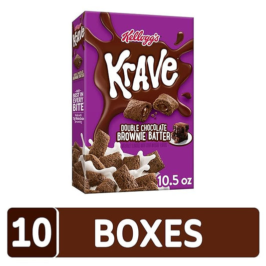 Kellogg's Krave Cold Breakfast Cereal, Kids Snacks, Double Chocolate, Brownie Batter, 6.5lb (10 Boxes)