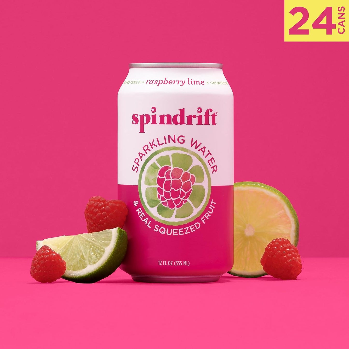 Spindrift Sparkling Water, Raspberry Lime Flavored, Made with Real Squeezed Fruit, Only 9 Calories per Can, 12 Fl Oz Cans, Pack of 24