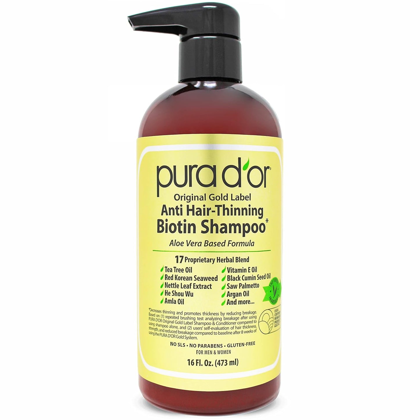 PURA D'OR Original Gold Label Anti-Thinning Biotin Shampoo Natural Earthy Scent, Clinically Tested Proven Results, Herbal DHT Blocker Hair Thickening...