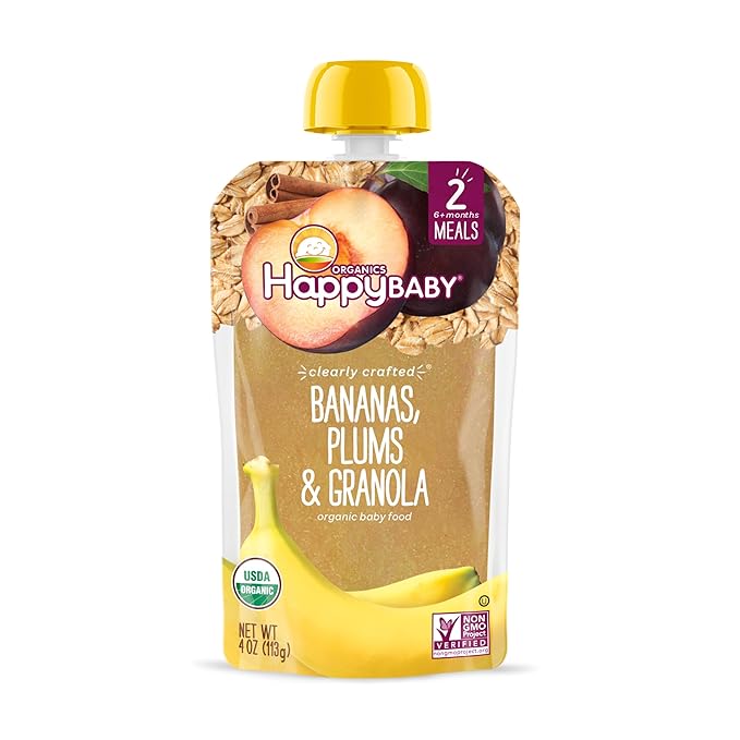 Happy Baby Organics Stage 2 Baby Food Pouches, Gluten Free, Vegan & Healthy Snack, Clearly Crafted Fruit & Veggie Puree, Apples, Bananas, Plums & Granola, 4 Ounces (Pack of 16)