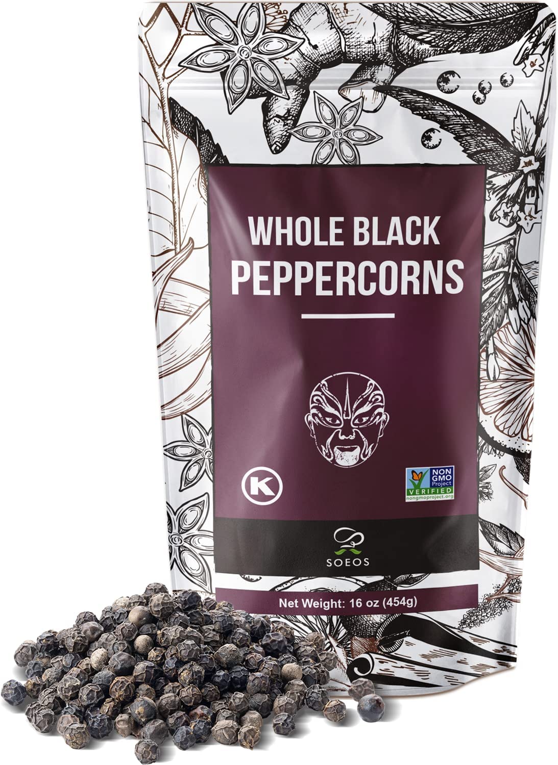 Soeos Black Peppercorns, 16oz (Pack of 1), Non-GMO, Kosher, Packed to Keep Peppers Fresh, Peppercorn for Grinder Refill, Whole Peppercorns