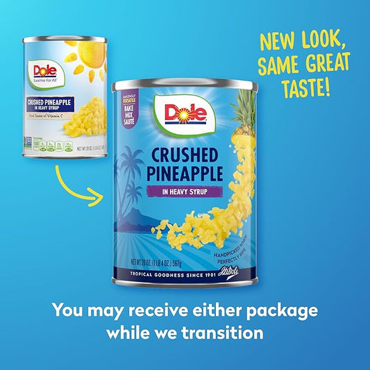 Dole Canned Fruit, Crushed Pineapple in Heavy Syrup, Gluten Free, Pantry Staples, 20 Oz, 12 Count, Packaging May Vary