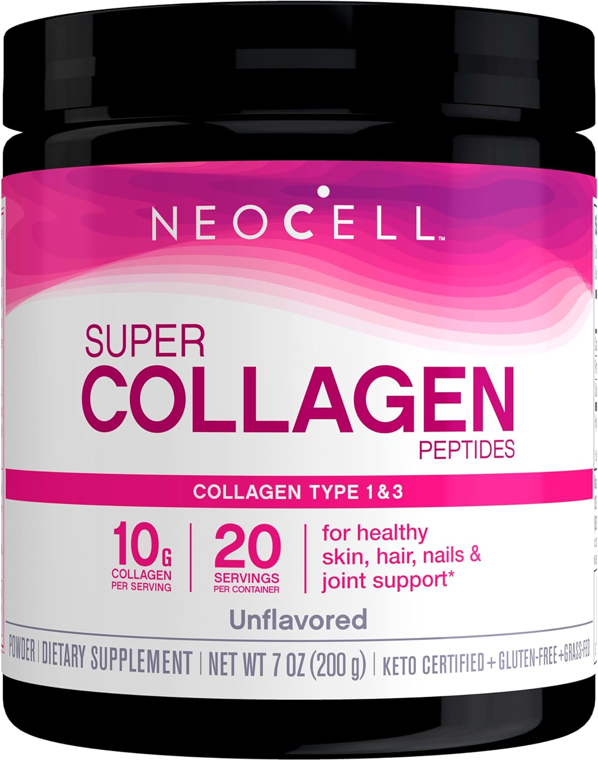 NeoCell Super Collagen Peptides, 10g Collagen Peptides per Serving, Gluten Free, Keto Friendly, Non-GMO, Grass Fed, Healthy Hair, Skin, Nails and Joints, Unflavored Powder, 7 oz., 1 Canister