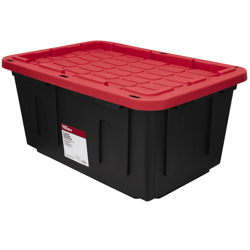 (2 pack) Hyper Tough Large Storage Bin, 27 Gallon Plastic Storage Container with Snap-On Lid, Black and Red, Industrial