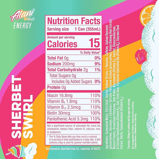 Alani Nu SHERBET SWIRL Sugar Free, Low Calorie Energy Drinks, 200mg Caffeine, Biotin B Vitamins, Zero Sugar, 10 Calories, 12 Fl Oz Cans, 24 Pack