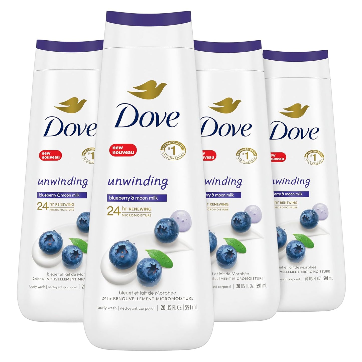 Dove Body Wash Unwinding Blueberry & Moon Milk, 4 Count for Renewed, Healthy Looking Skin, Moisturizing Gentle Skin Cleanser with 24hr Renewing...