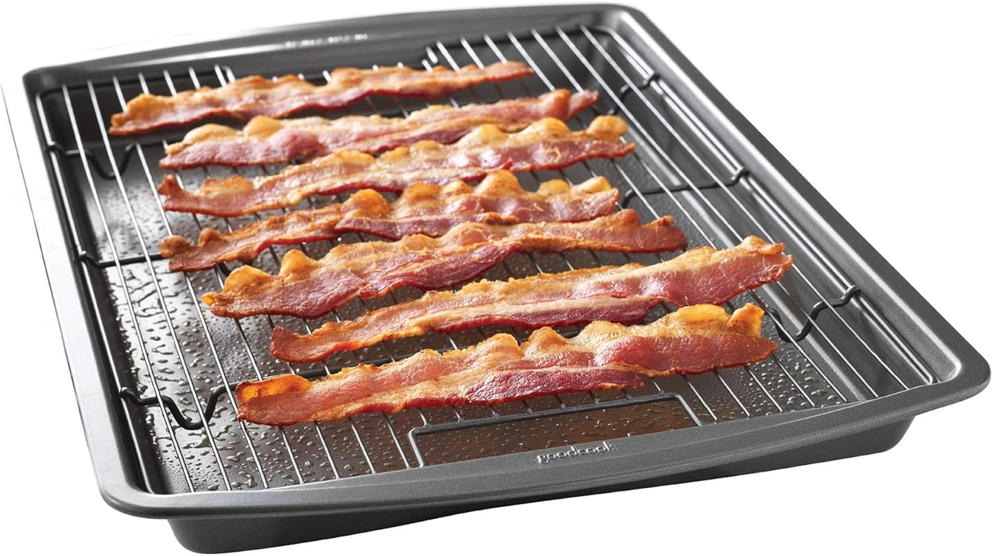 GoodCook 15" x 10.5" Premium Nonstick Carbon Steel Crispy Bacon Multipurpose Baking Pan Set, Dark Gray