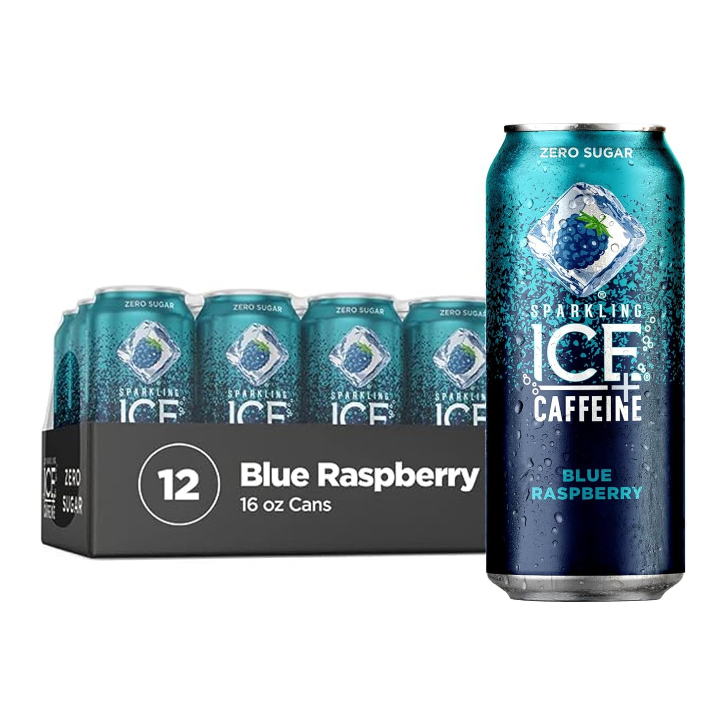 Sparkling Ice +Caffeine Blue Raspberry Sparkling Water, with Antioxidants and Vitamins, Zero Sugar, 16 Fl Oz (Pack of 12)