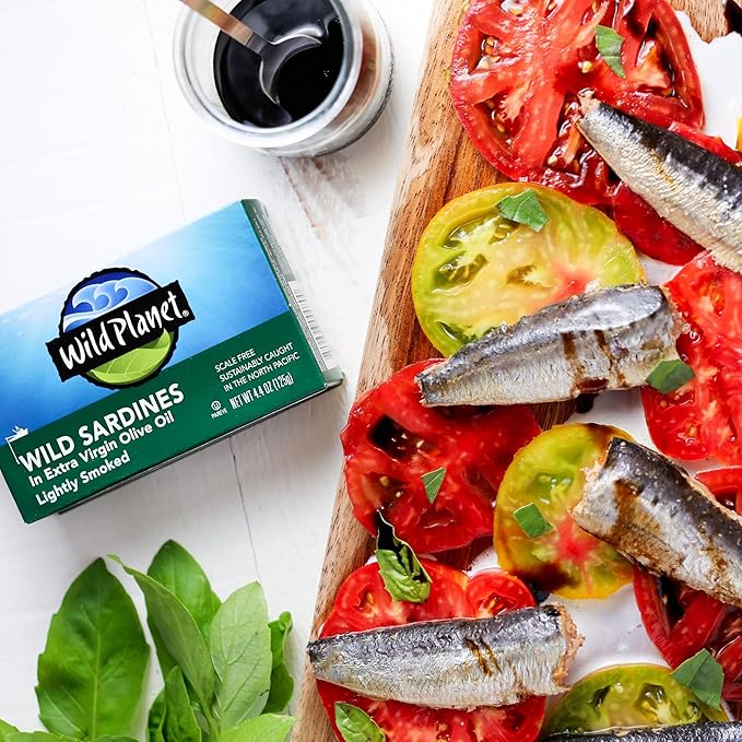 Wild Planet Wild Sardines in Extra Virgin Olive Oil, Lightly Smoked, Tinned Fish, Sustainably Wild-Caught, Non-GMO, Kosher, Gluten Free, 4.4. Ounce (Pack of 12)