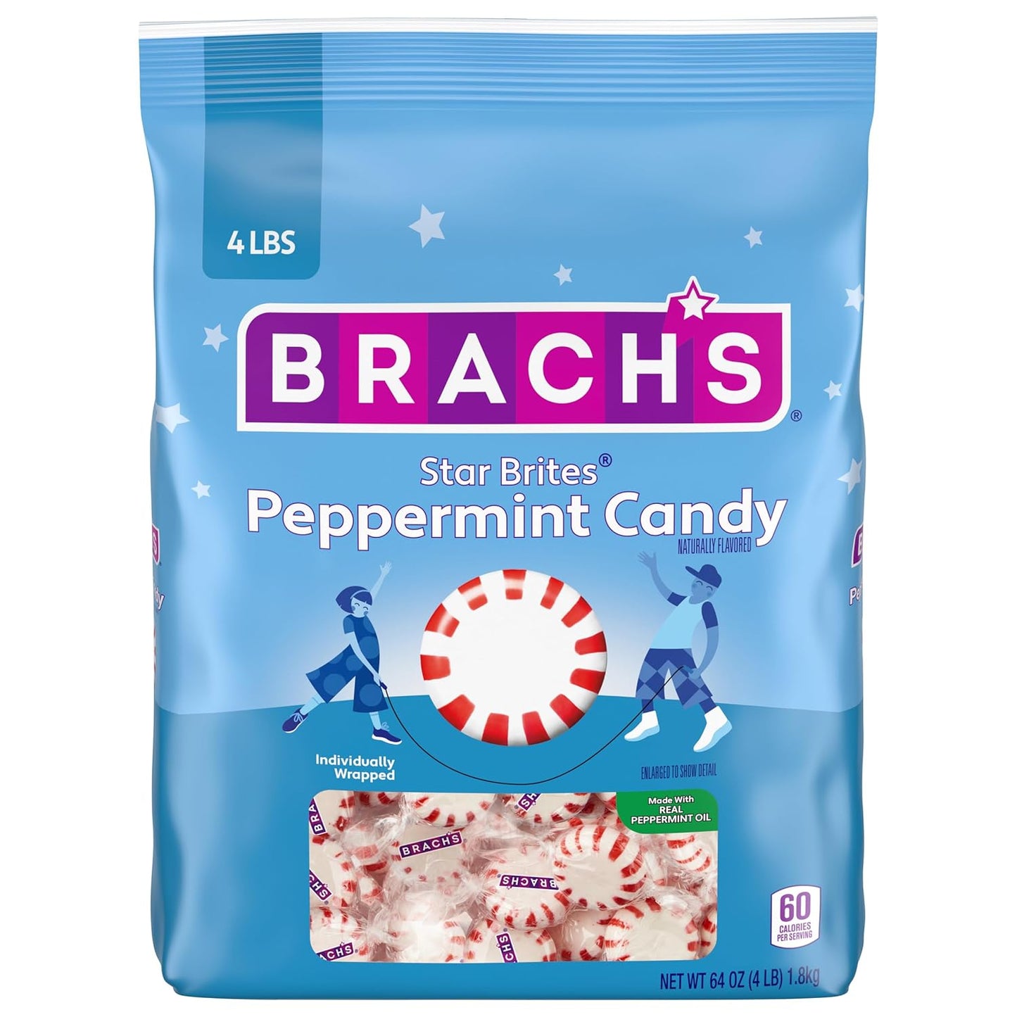 Brach's Star Brites Peppermint Candy, Individually Wrapped Candy, Mega Pack, 4 Pound Bulk Bag (360 Pieces) Packaging May Vary