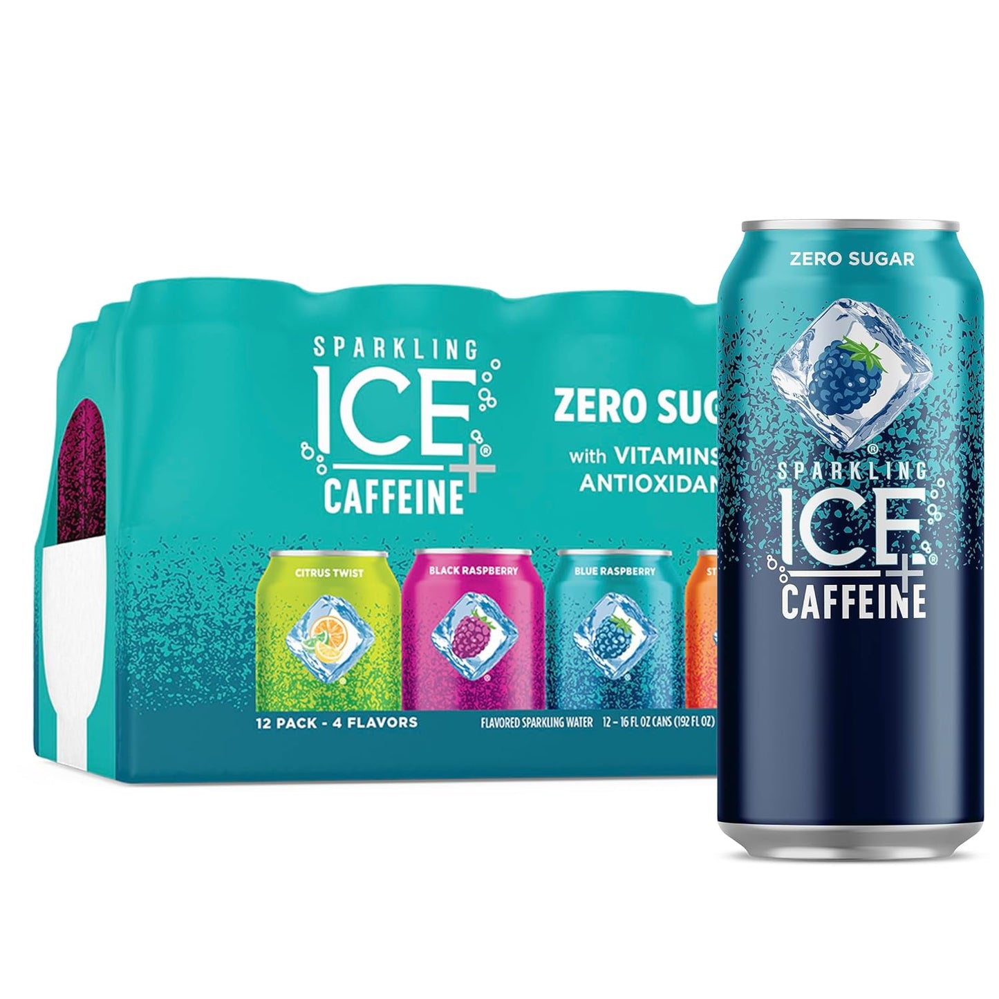 Sparkling Ice +Caffeine Variety Pack, Flavored Sparkling Water, Zero Sugar, with Vitamins and Antioxidants, 16 fl oz, 12 count (Citrus Twist, Black...