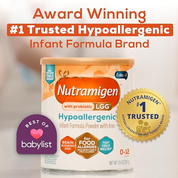 Enfamil Nutramigen Hypoallergenic Baby Formula with Iron, Lactose Free, Colic Relief from Cow's Milk Allergy Starts in 24 Hours, Brain Building DHA, Probiotic LGG for Immune Support, 19.8 Oz Can