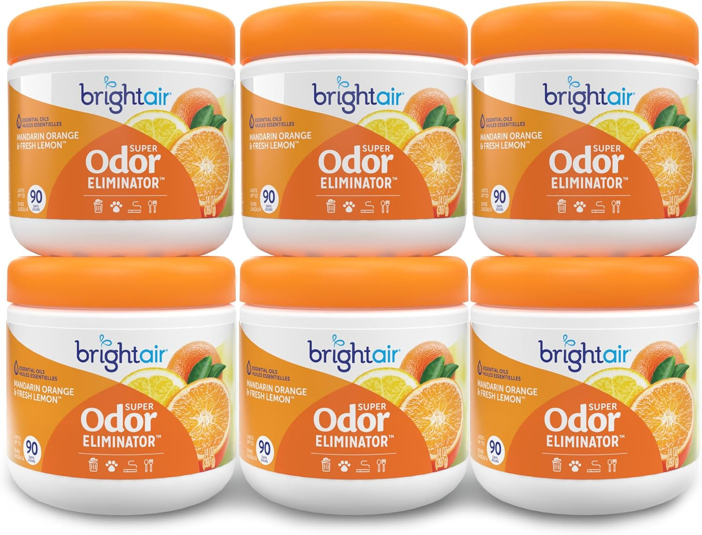 Bright Air 14 oz. Super Odor Eliminator, For Medium-Size Spaces, Mandarin Orange and Fresh Lemon Scent, Case of 6, Air Freshener, Natural Essential Oils,...