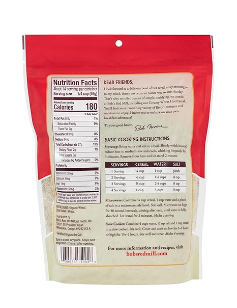 Bob's Red Mill Organic Creamy Wheat Hot Cereal, 24oz (Pack of 4) - Organic, Non GMO, Gluten Free, Whole Grain, Vegan, Kosher