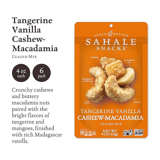 Sahale Snacks Tangerine Vanilla Cashew-Macadamia Glazed Mix, 4 oz Pouches (6 Packs) - Dry-Roasted Deluxe Mixed Nuts with Mangoes & Madagascar Vanilla - Non-GMO, Kosher, & Certified Gluten-Free Snacks