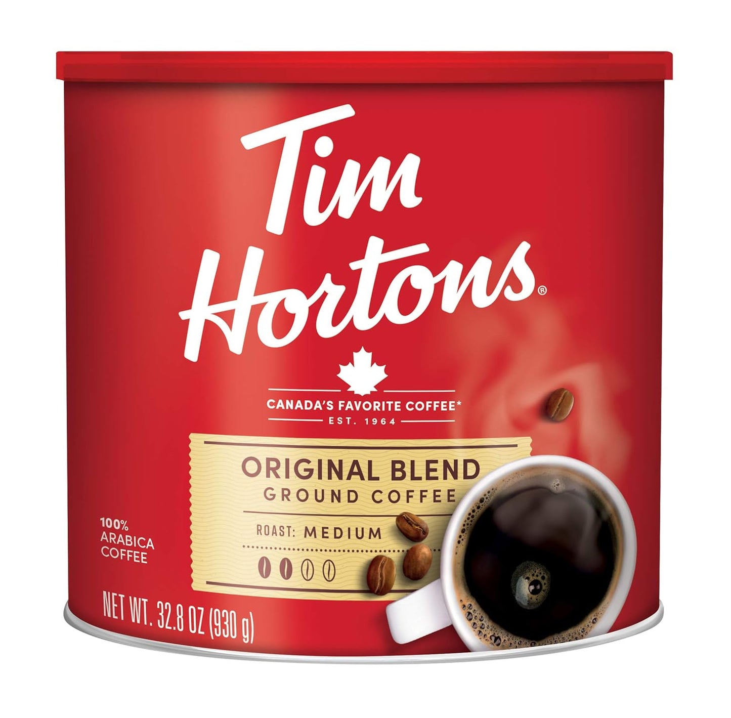Tim Hortons Original Blend, Medium Roast Ground Coffee, Canada’s Favorite Coffee, Made with 100% Arabica Beans, 32.8 Ounce Canister