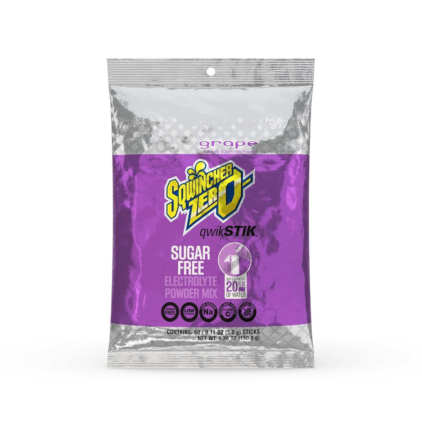 Sqwincher Zero Qwik Stik, Sugar Free, Low Calorie, Low Sodium Electrolyte Replacement Powder Hydration Drink Mix, Grape, 0.11 oz Packet (Pack of 50)