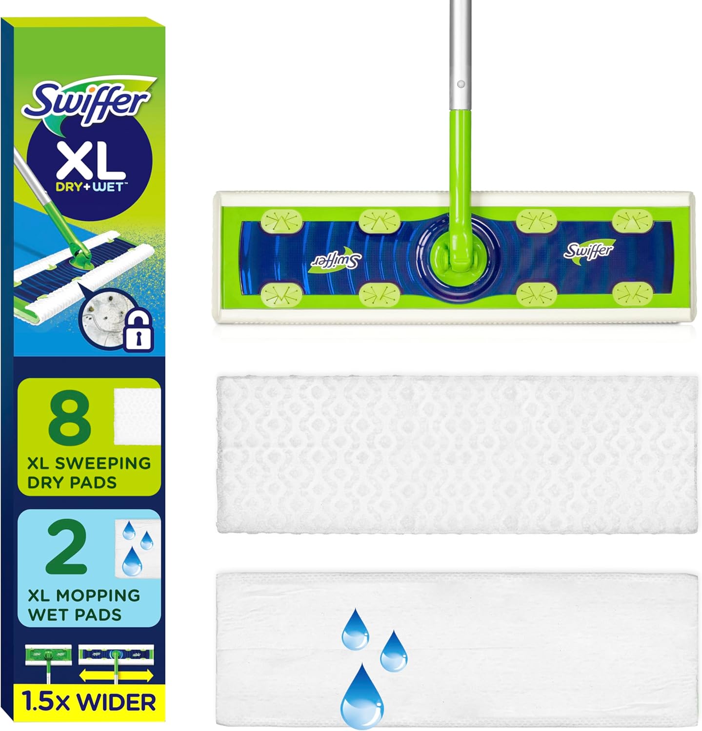 Swiffer Sweeper Dry + Wet XL Sweeping Kit, 1 Sweeper, 8 Dry Cloths, 2 Wet Cloths