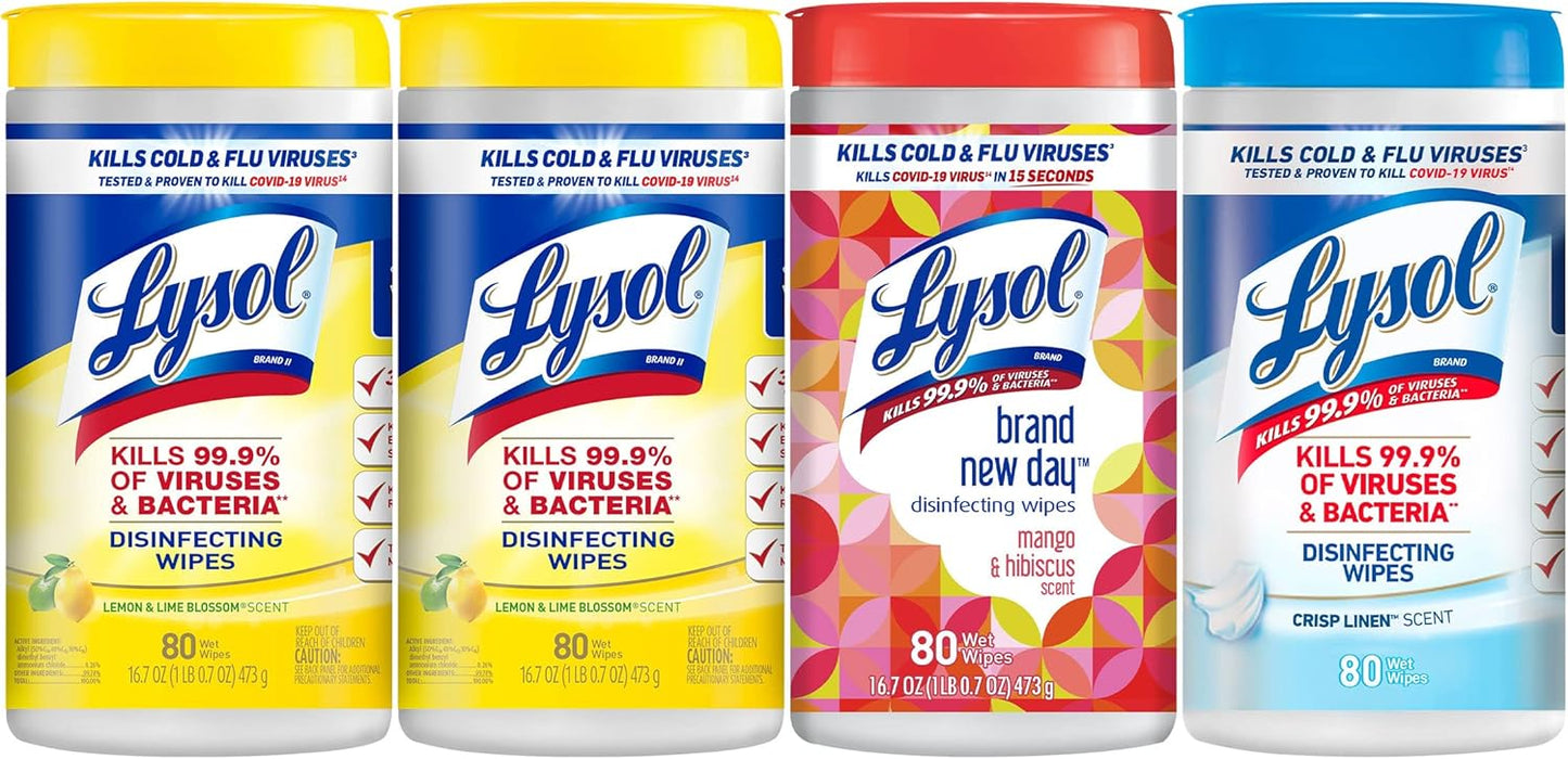 Lysol Disinfectant Wipes Bundle, Multi-Surface Antibacterial Cleaning Wipes, contains x2 Lemon & Lim Blossom, Crisp Linen, Mango & Hibiscus, 80 Count (Pack of 4)
