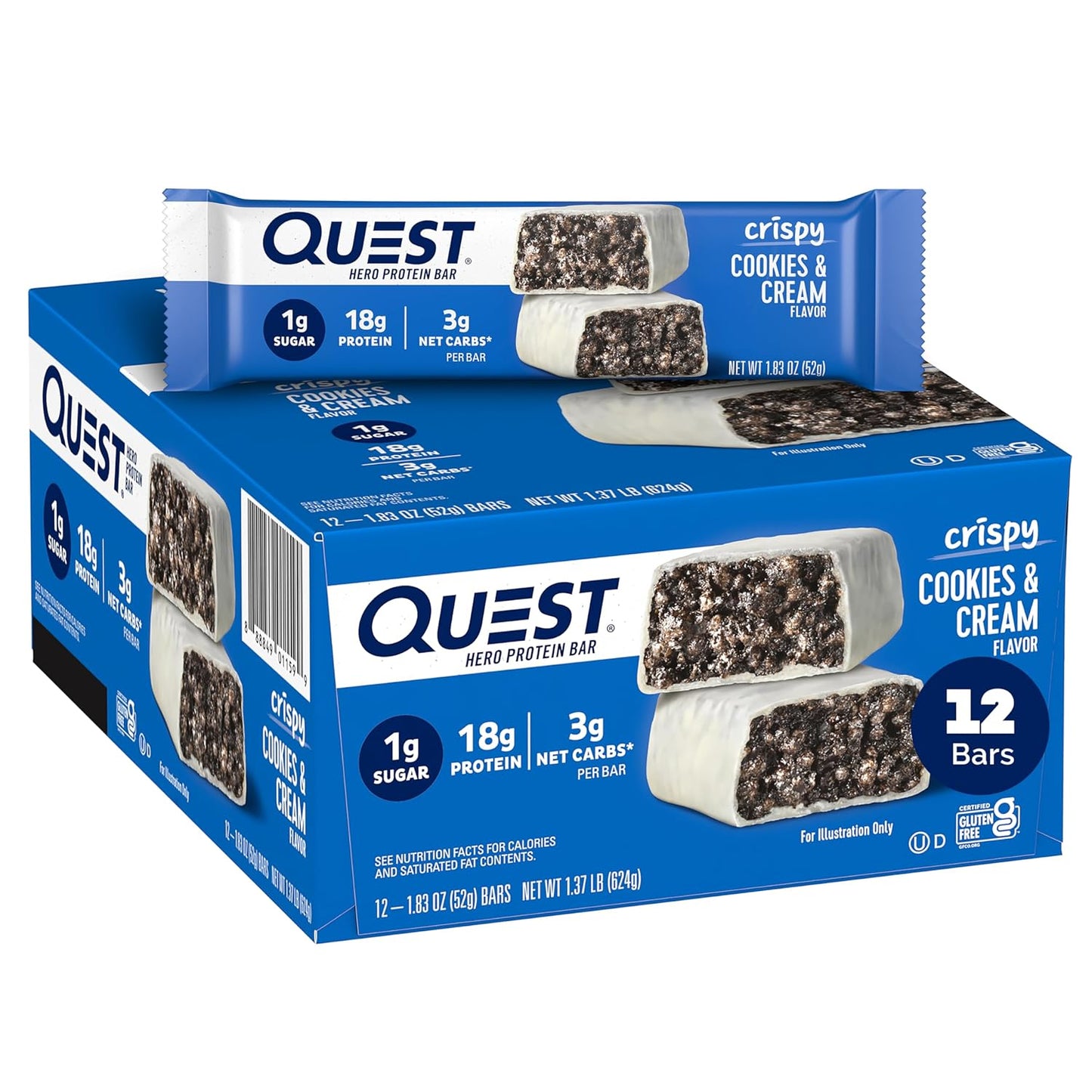 Quest Nutrition Crispy Cookies & Cream Hero Protein Bar, 18g Protein, 1g Sugar, 3g Net Carb, Gluten Free, Keto Friendly, 12 Count