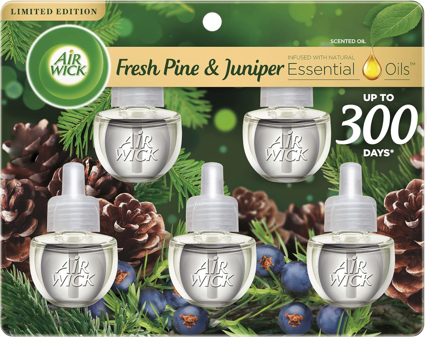 Air Wick Plug in Scented Oil Refill, 5 ct, Fresh Pine and Juniper, Air Freshener, Essential Oils, Fall Scent, Fall Décor