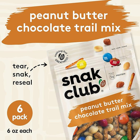 Snak Club Peanut Butter Chocolate Trail Mix with Peanuts, Peanut Butter M&MÕS, Toffee Peanuts, and Pretzels, 6 oz Per Bag, 6 Resealable Bags