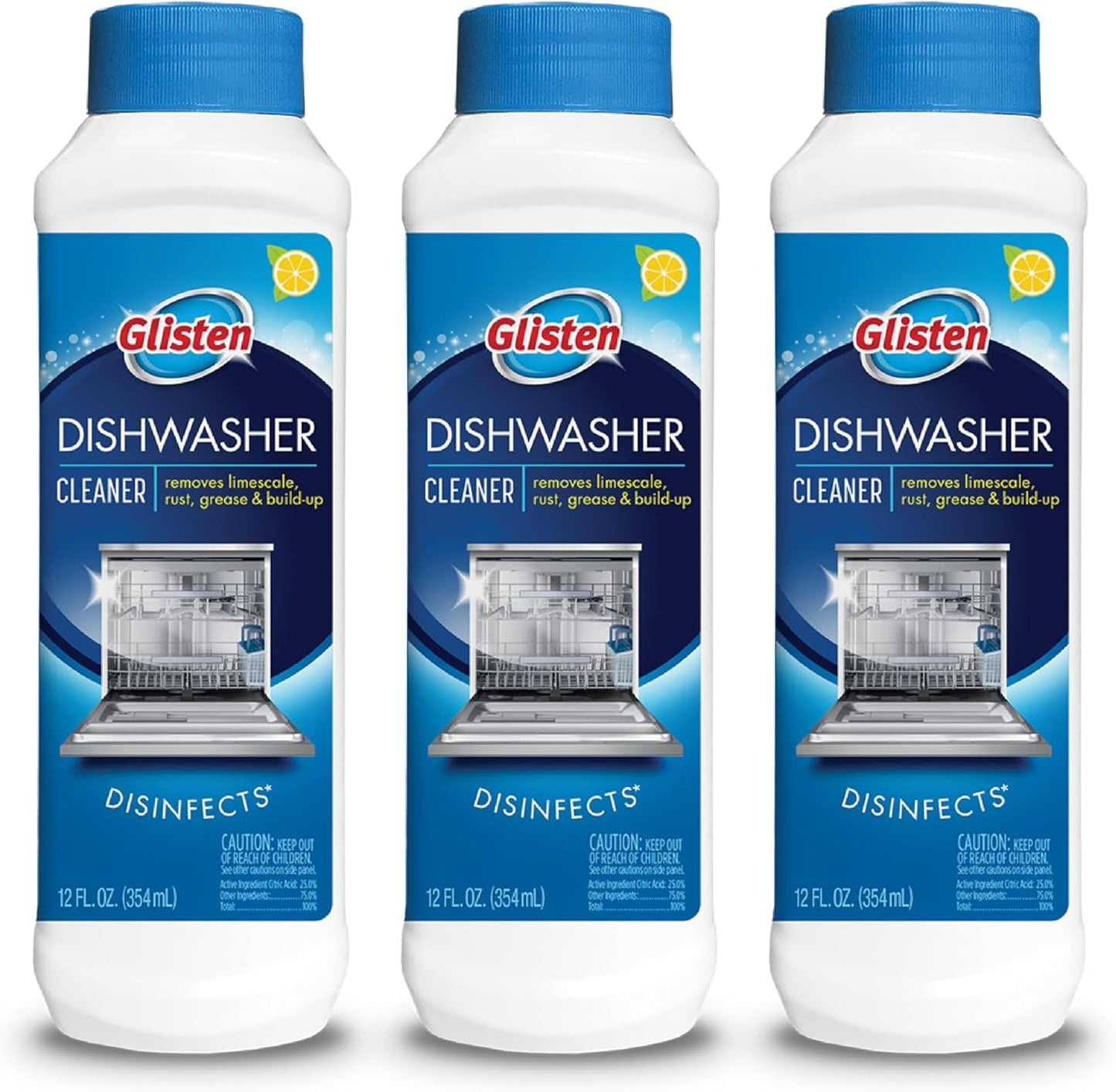 Glisten Dishwasher Cleaner, Removes Limescale, Rust, Buildup, and Grease, Lemon Scent, 12 Ounce Bottle, 3-Pack