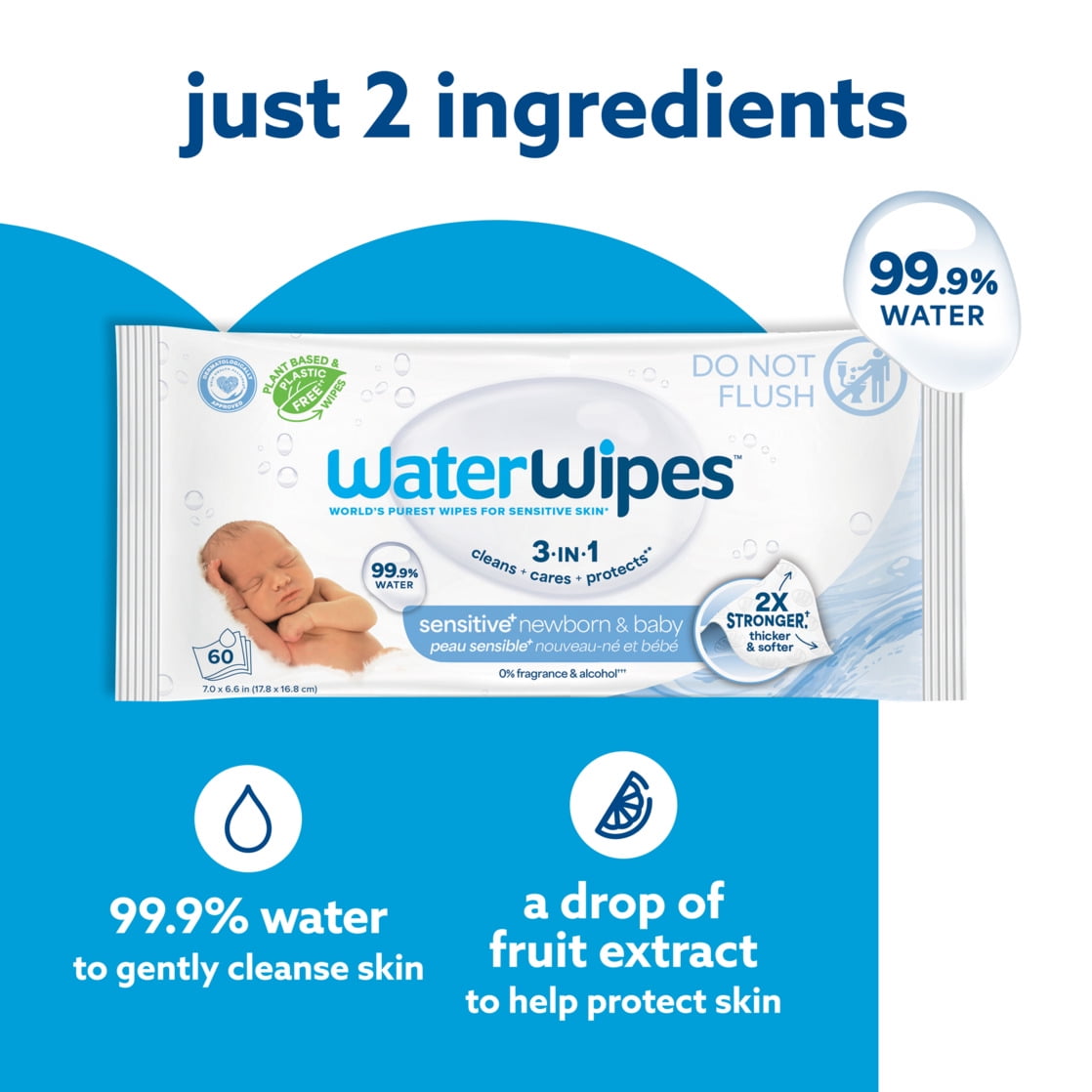 WaterWipes Sensitive+ Newborn & Baby Wipes, 3-In-1 Cleans, Cares, Protects, 99.9% Water, Unscented & Hypoallergenic, 9 Packs (540 Wipes)