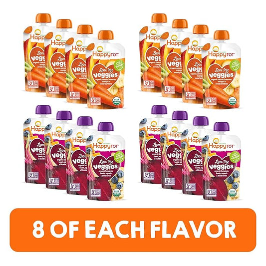 HAPPYTOT Organics Stage 4 Baby Food Pouches, Gluten Free, Vegan Snack, Love My Veggies, Fruit & Veggie Puree, Variety Pack, 4.22 Ounce (Pack of 16)