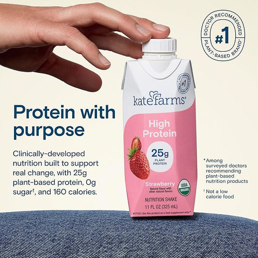KATE FARMS Organic High Protein Strawberry Nutrition Shake, 25g Protein, 6g Fiber, 27 Vitamins and Minerals, 0g Sugar, Protein Drink, 11 oz (12 Pack)