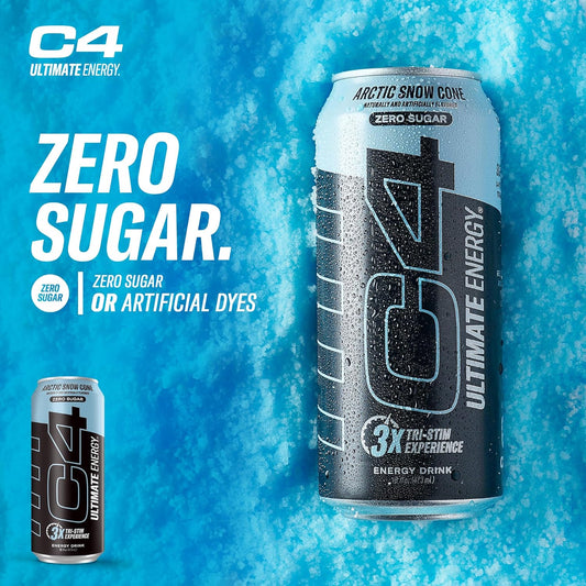 C4 Ultimate Sugar Free Energy Drink 16oz (Pack of 12) | Arctic Snow Cone | Pre Workout Performance Drink with No Artificial Colors or Dyes