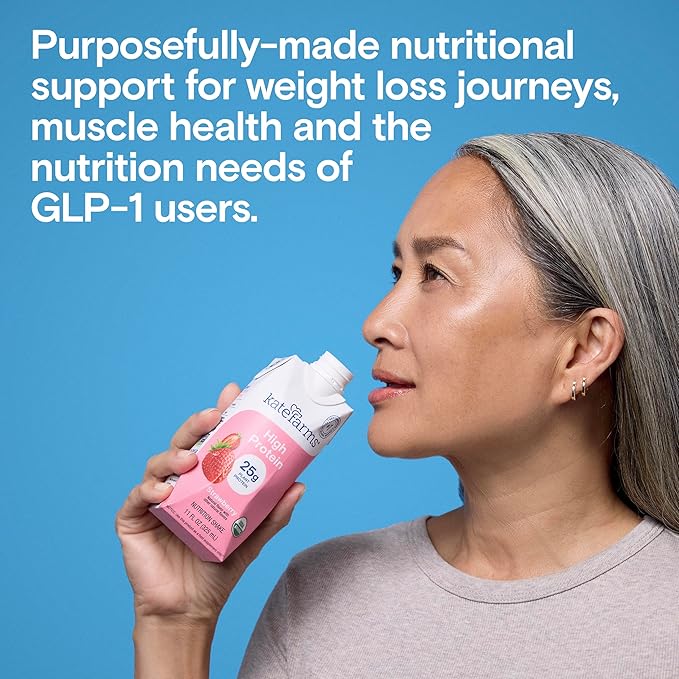 KATE FARMS Organic High Protein Strawberry Nutrition Shake, 25g Protein, 6g Fiber, 27 Vitamins and Minerals, 0g Sugar, Protein Drink, 11 oz (12 Pack)